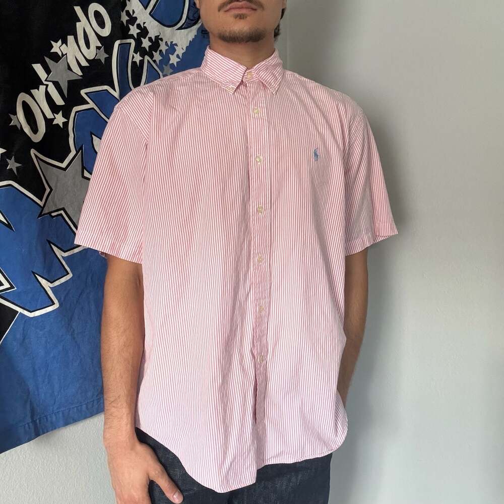 Vintage Ralph Lauren Blake Button Down Shirt Pink White Striped Cotton Hong Kong